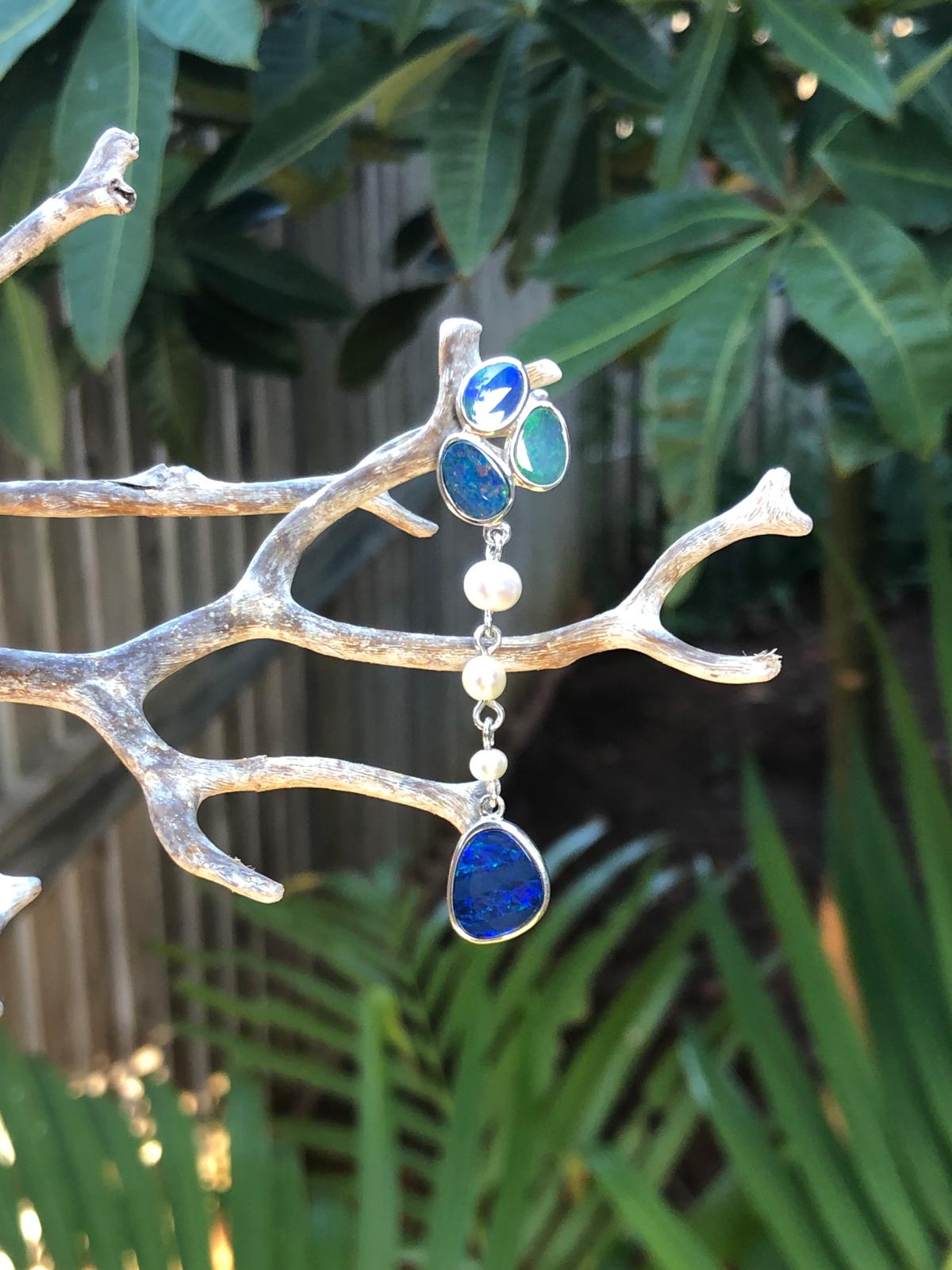 Silver pendant 4 doublet Opals 3 Perls