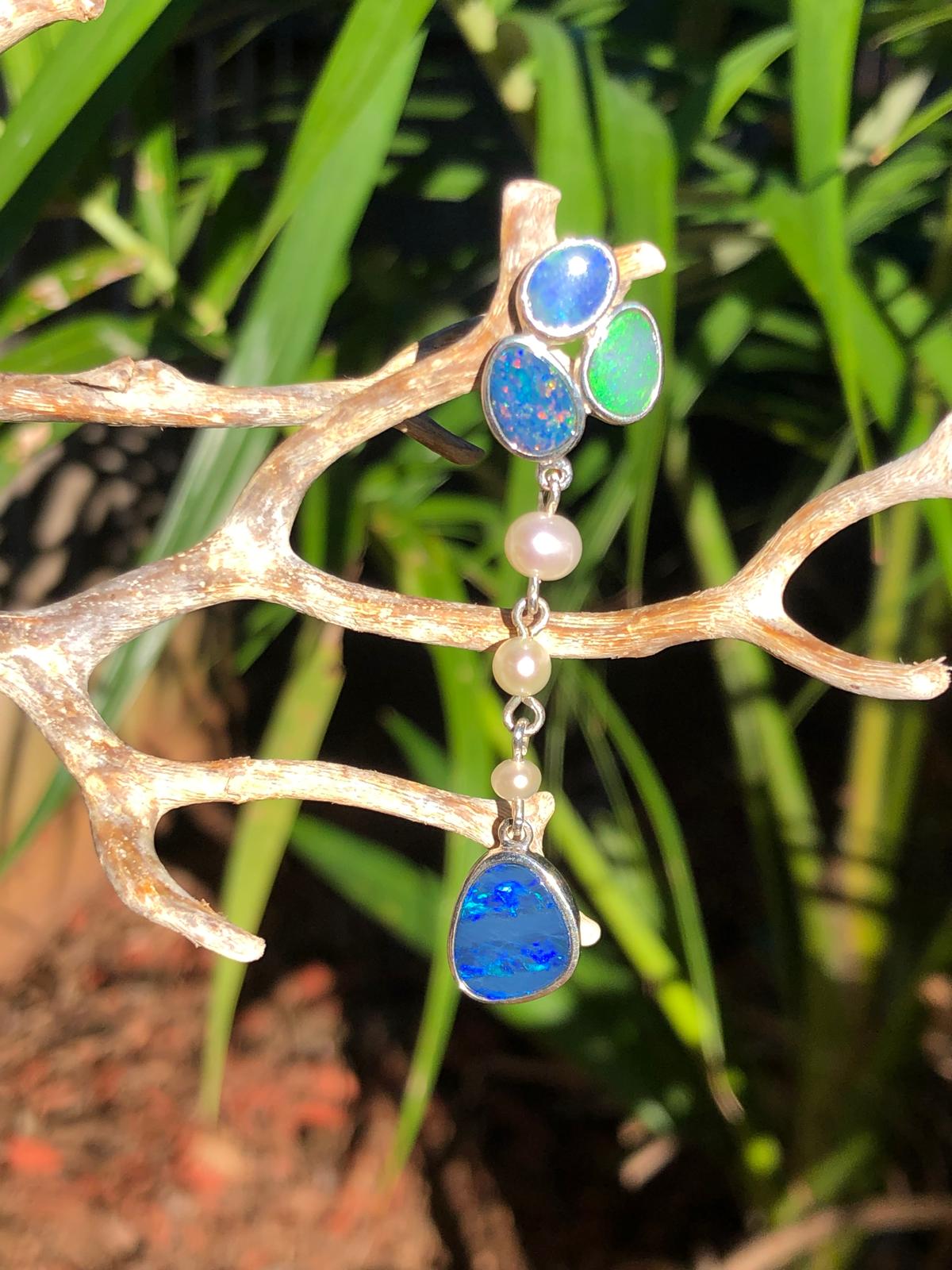 Silver pendant 4 doublet Opals 3 Perls