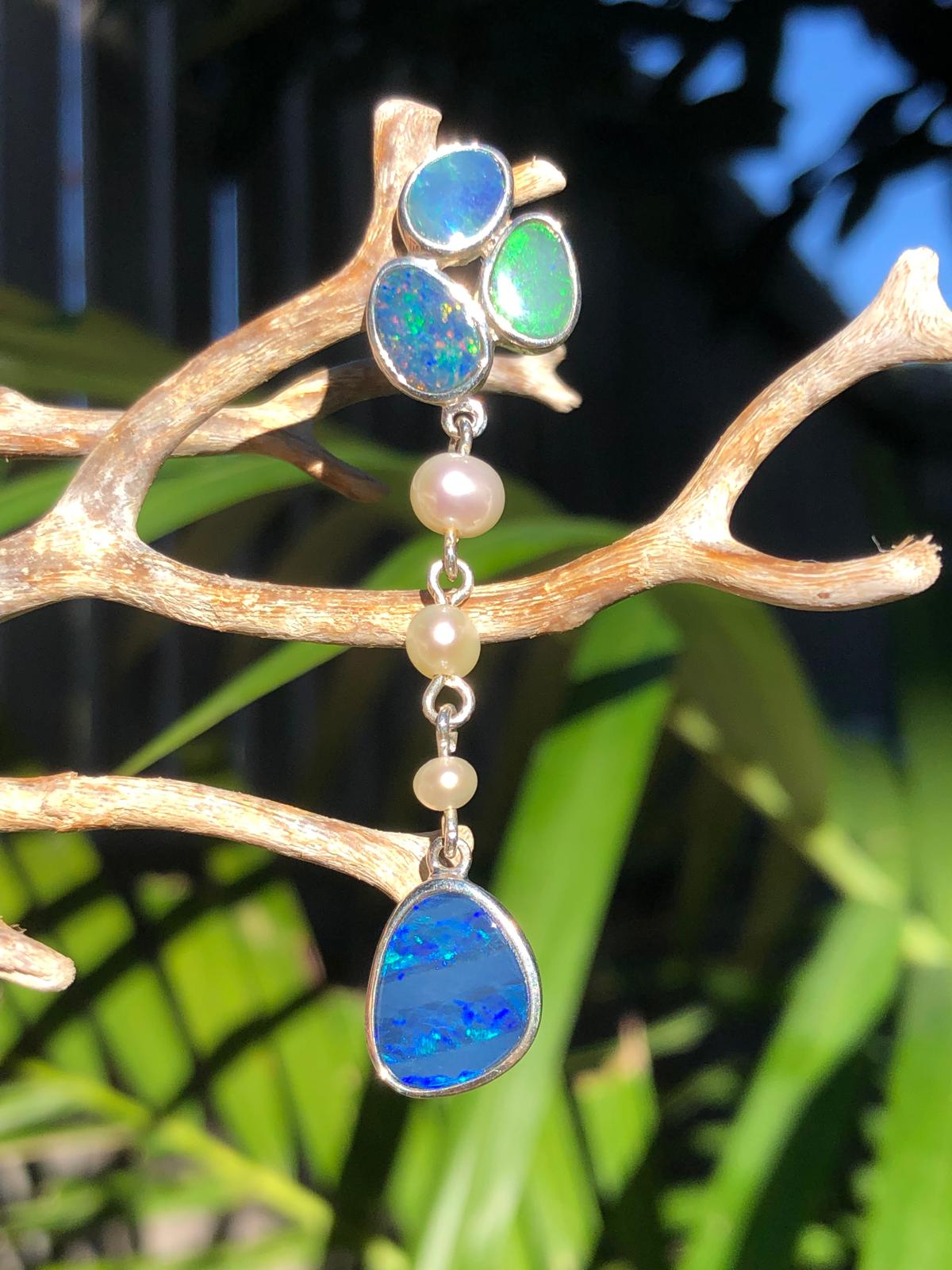 Silver pendant 4 doublet Opals 3 Perls