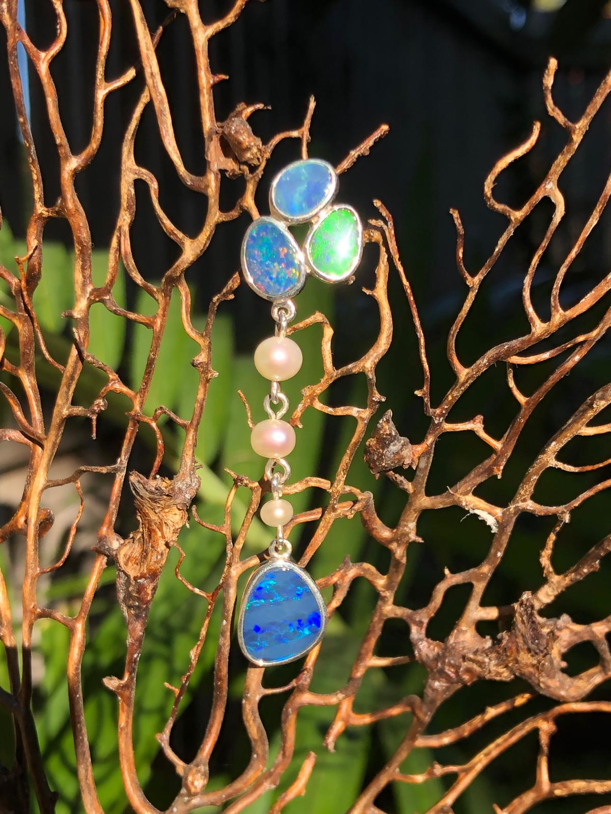 Silver pendant 4 doublet Opals 3 Perls