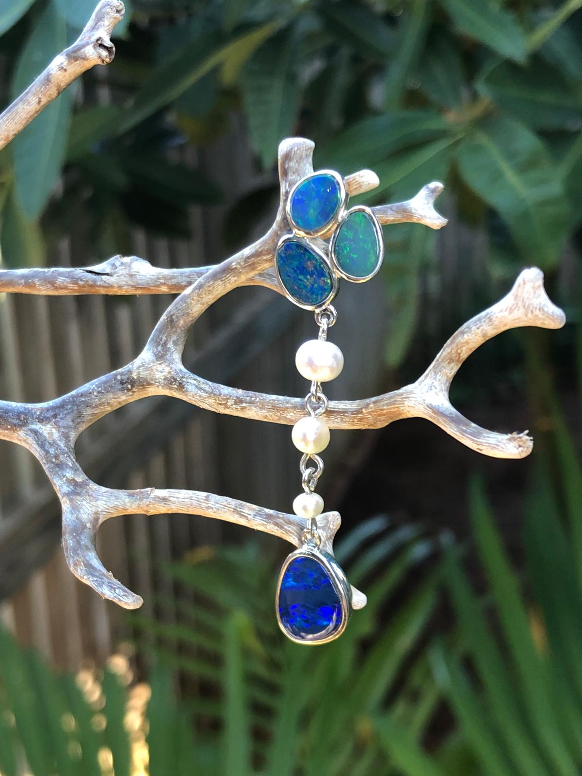 Silver pendant 4 doublet Opals 3 Perls