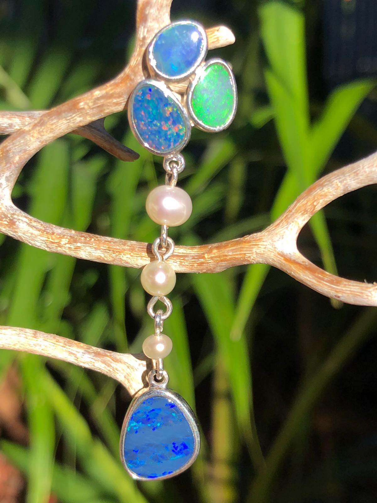 Silver pendant 4 doublet Opals 3 Perls