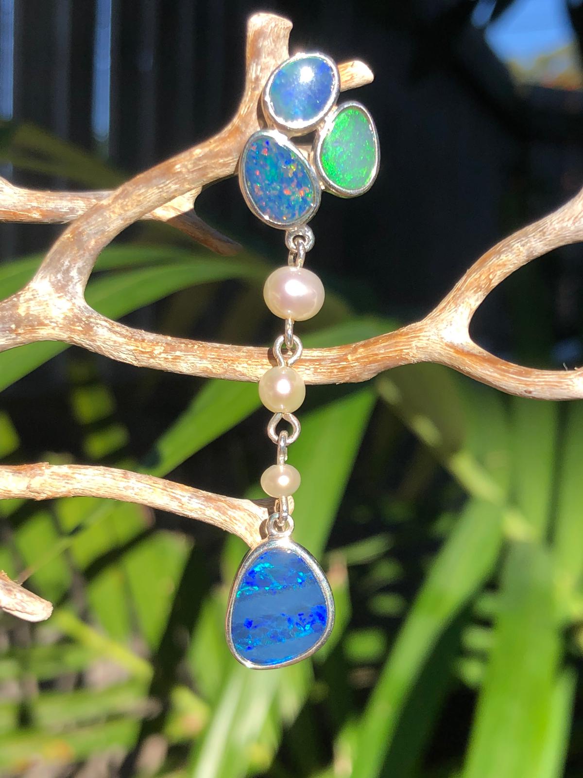 Silver pendant 4 doublet Opals 3 Perls