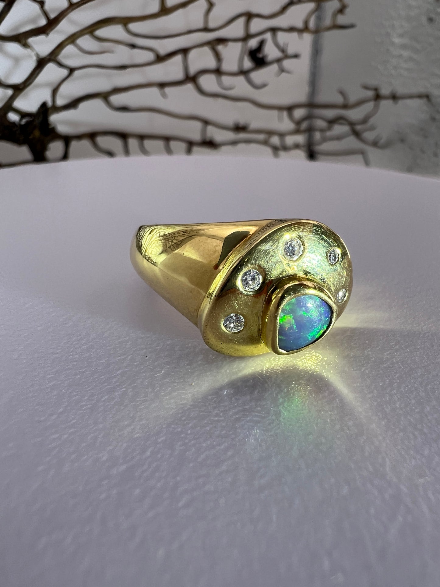 Gold Ring Green Blue Red Opal And Diamonds