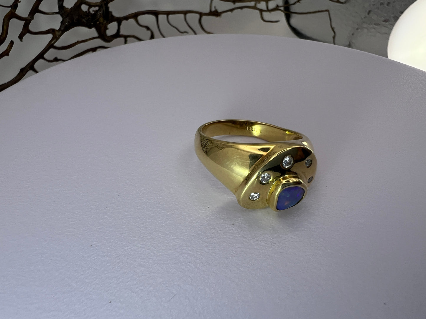 Gold Ring Green Blue Red Opal And Diamonds
