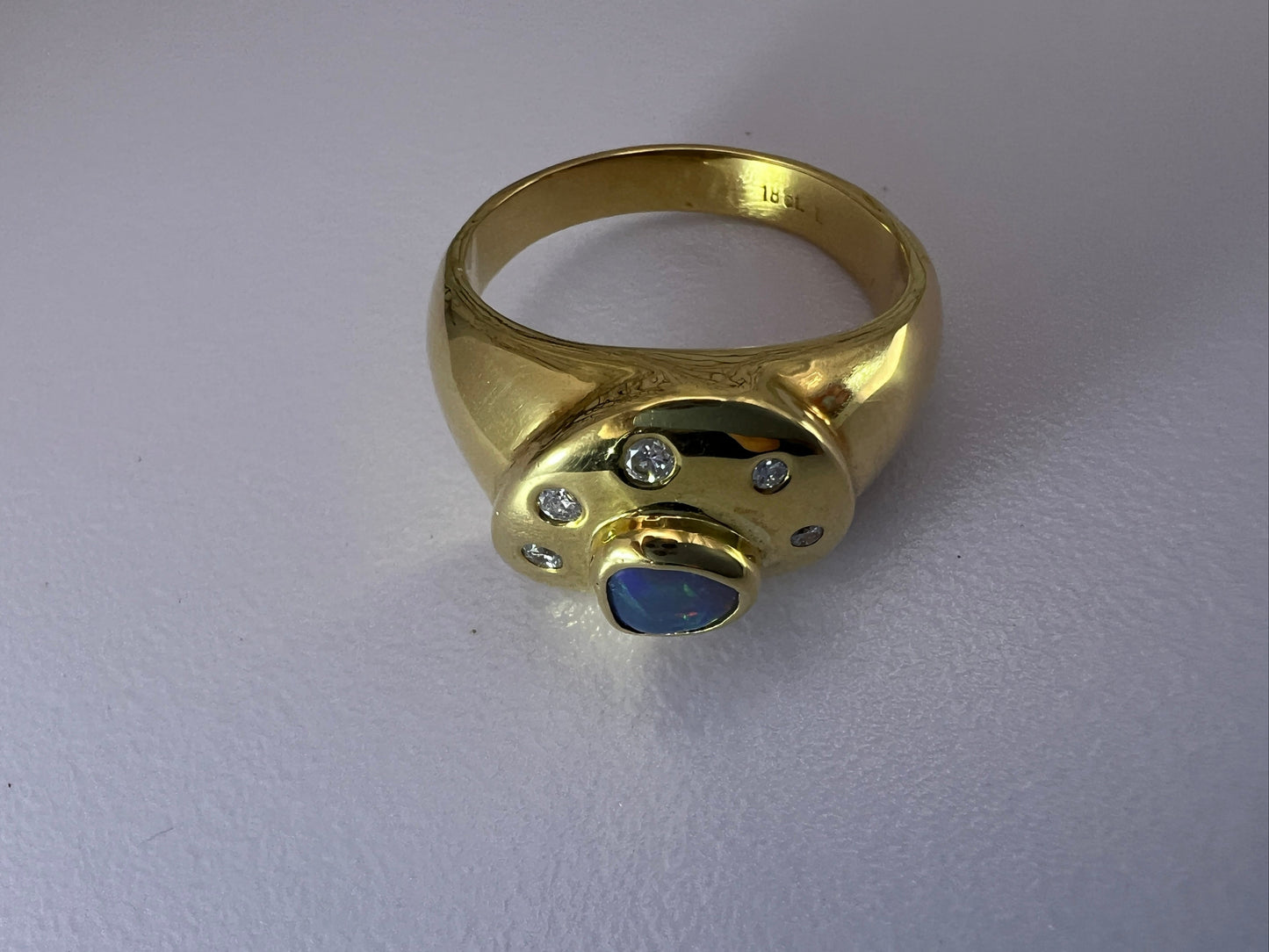 Gold Ring Green Blue Red Opal And Diamonds