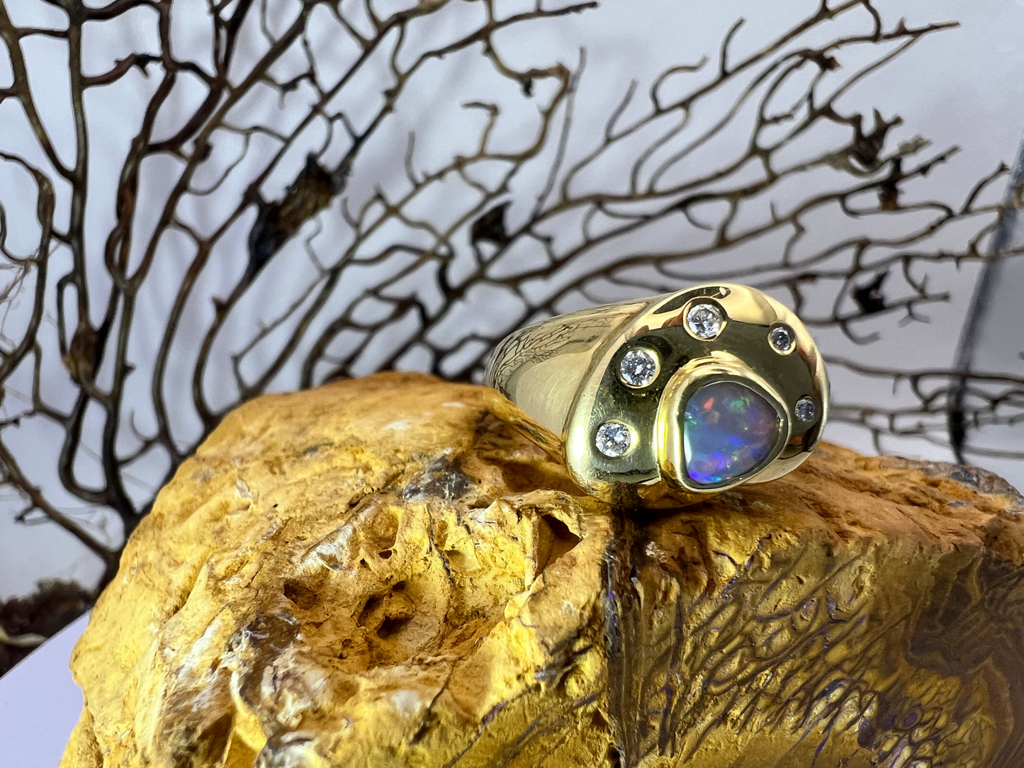 Gold Ring Green Blue Red Opal And Diamonds