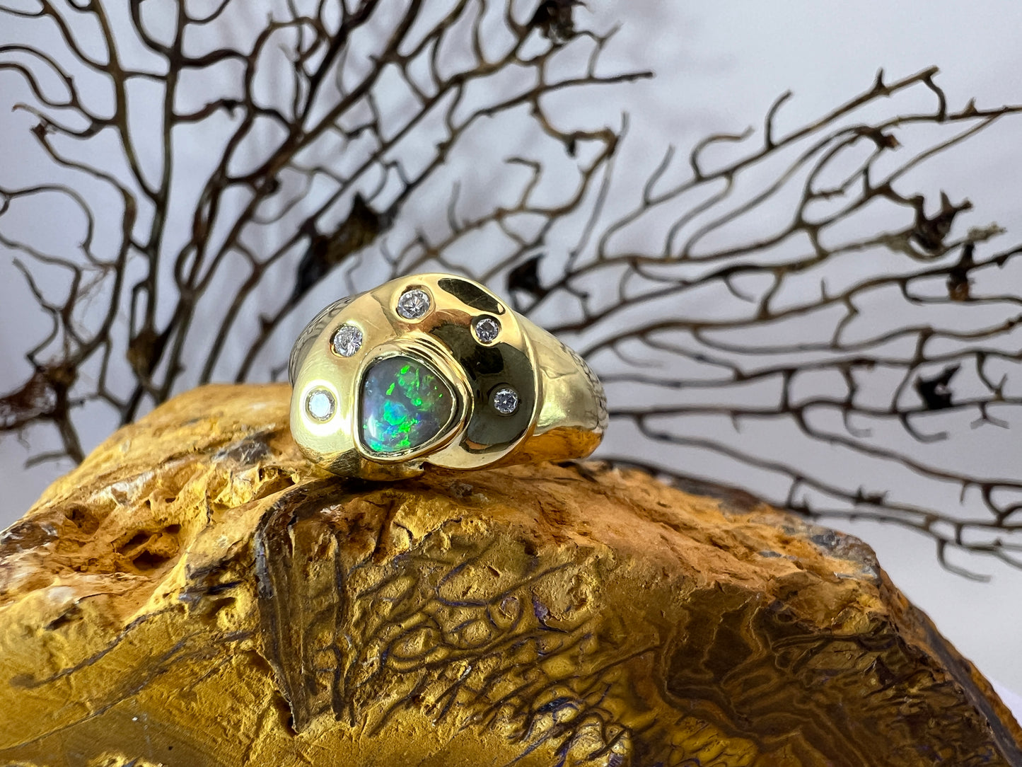 Gold Ring Green Blue Red Opal And Diamonds