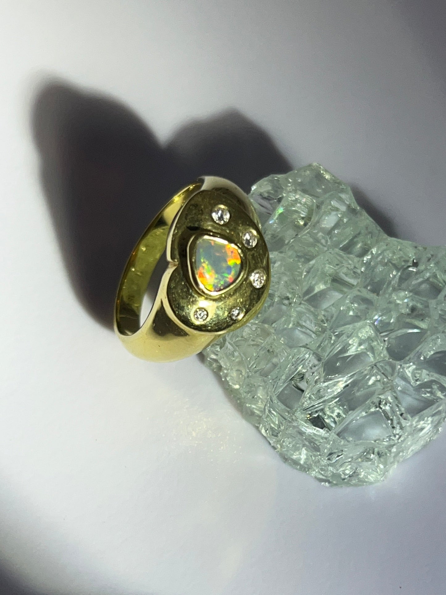 Gold Ring Green Blue Red Opal And Diamonds