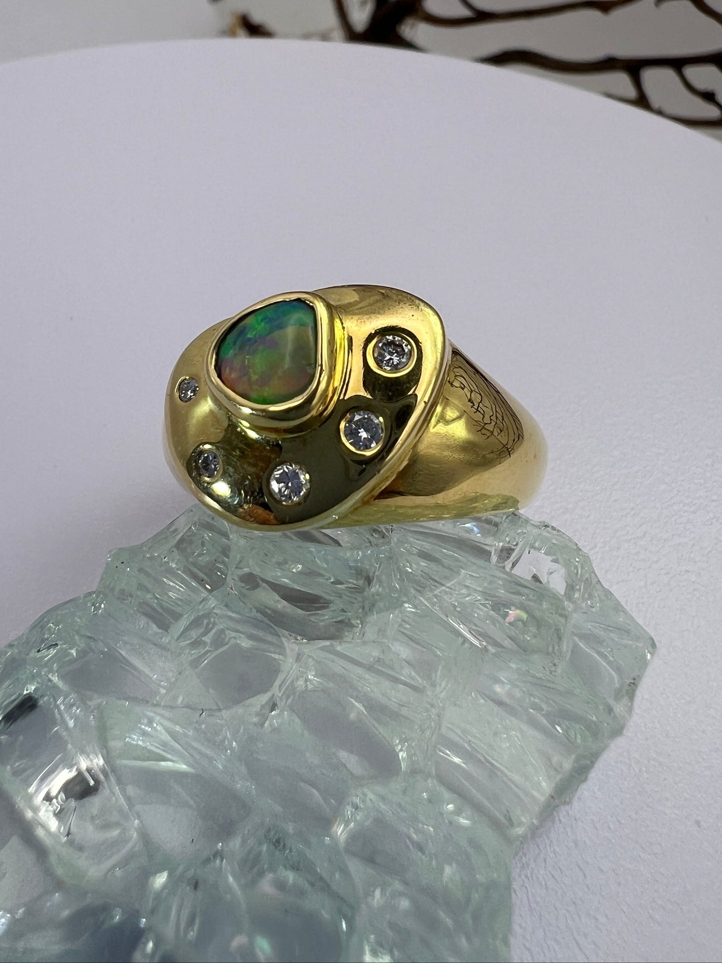 Gold Ring Green Blue Red Opal And Diamonds