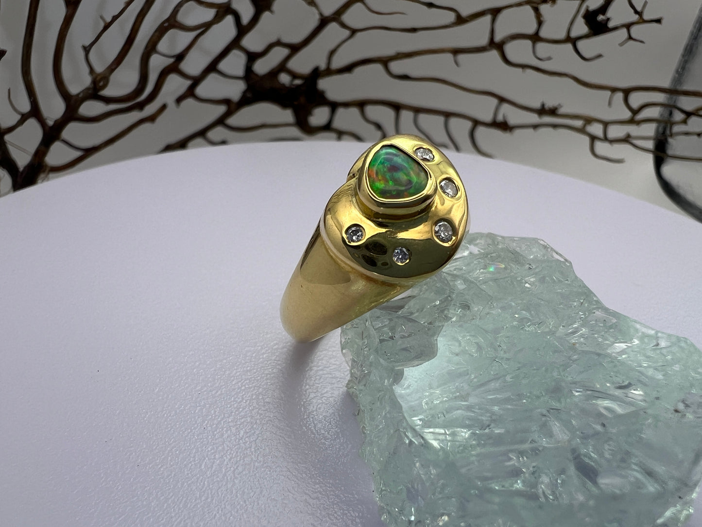 Gold Ring Green Blue Red Opal And Diamonds