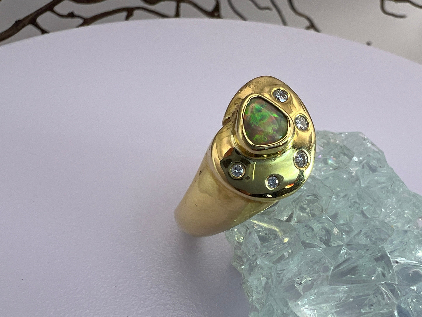 Gold Ring Green Blue Red Opal And Diamonds