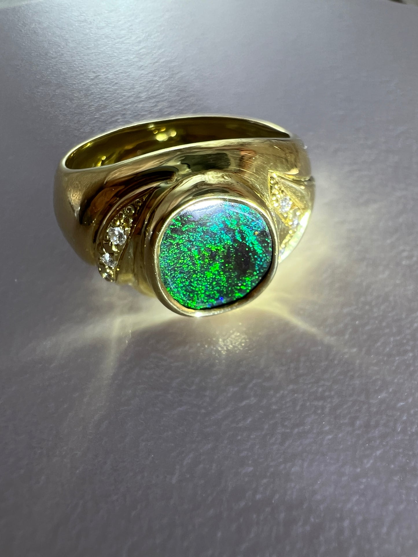 Gold Ring Green Blue Boulder Opal And Diamonds