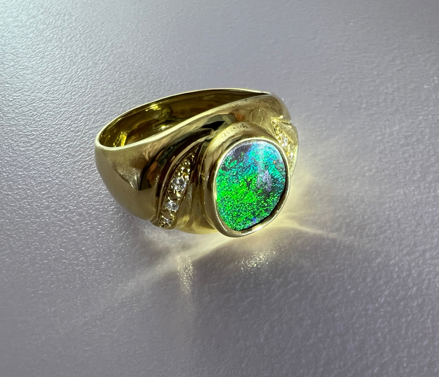 Gold Ring Green Blue Boulder Opal And Diamonds