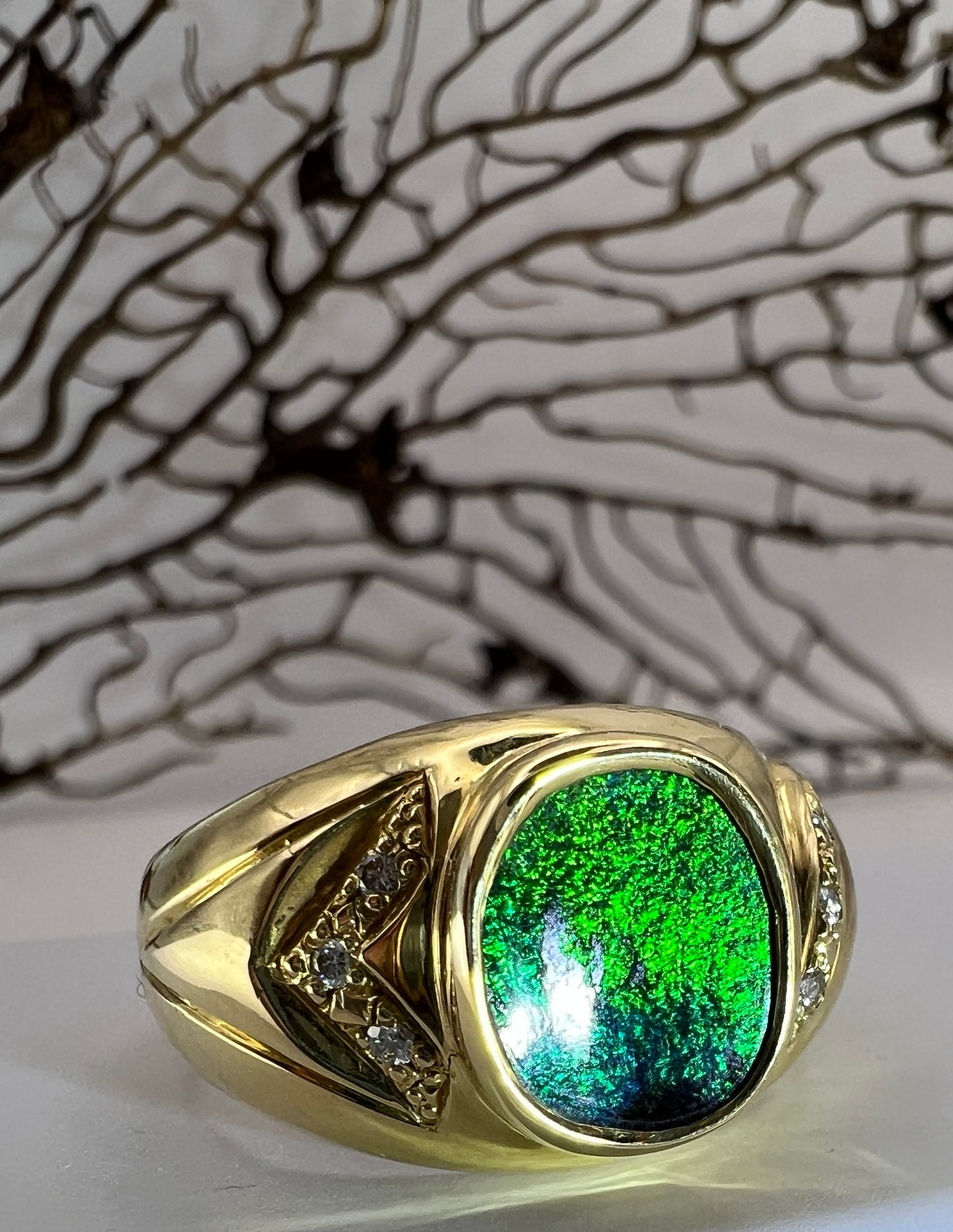 Gold Ring Green Blue Boulder Opal And Diamonds