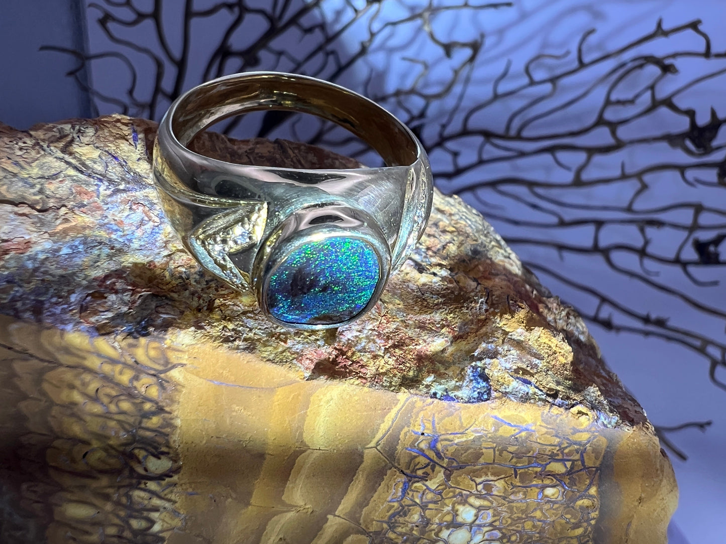 Gold Ring Green Blue Boulder Opal And Diamonds