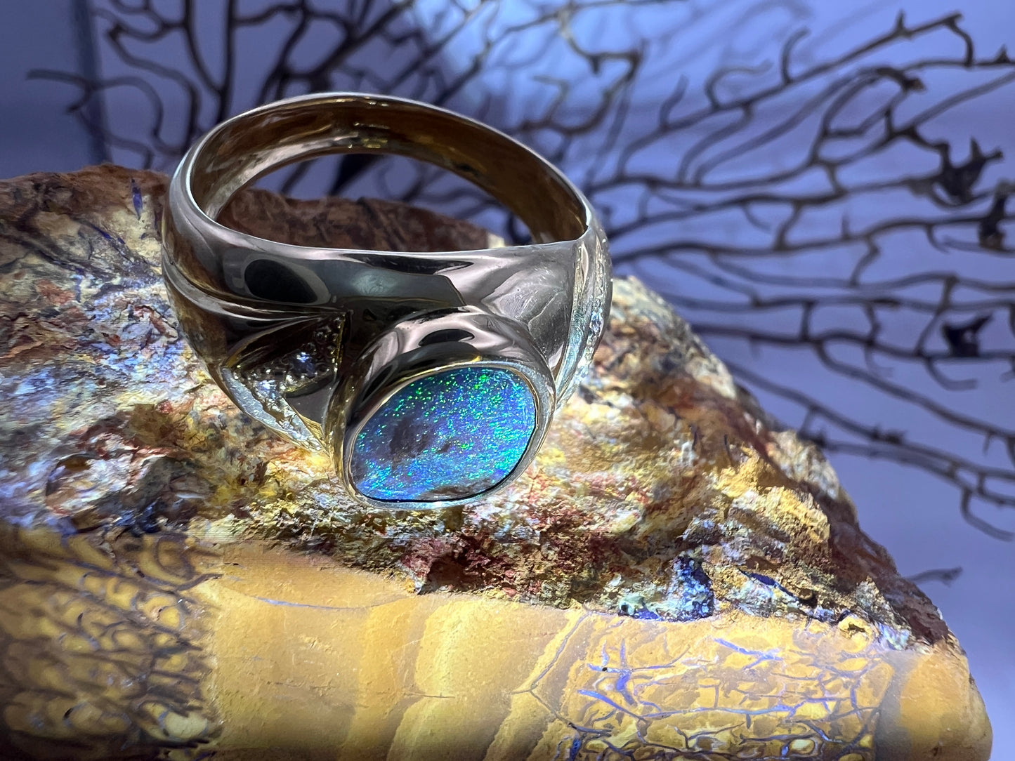 Gold Ring Green Blue Boulder Opal And Diamonds
