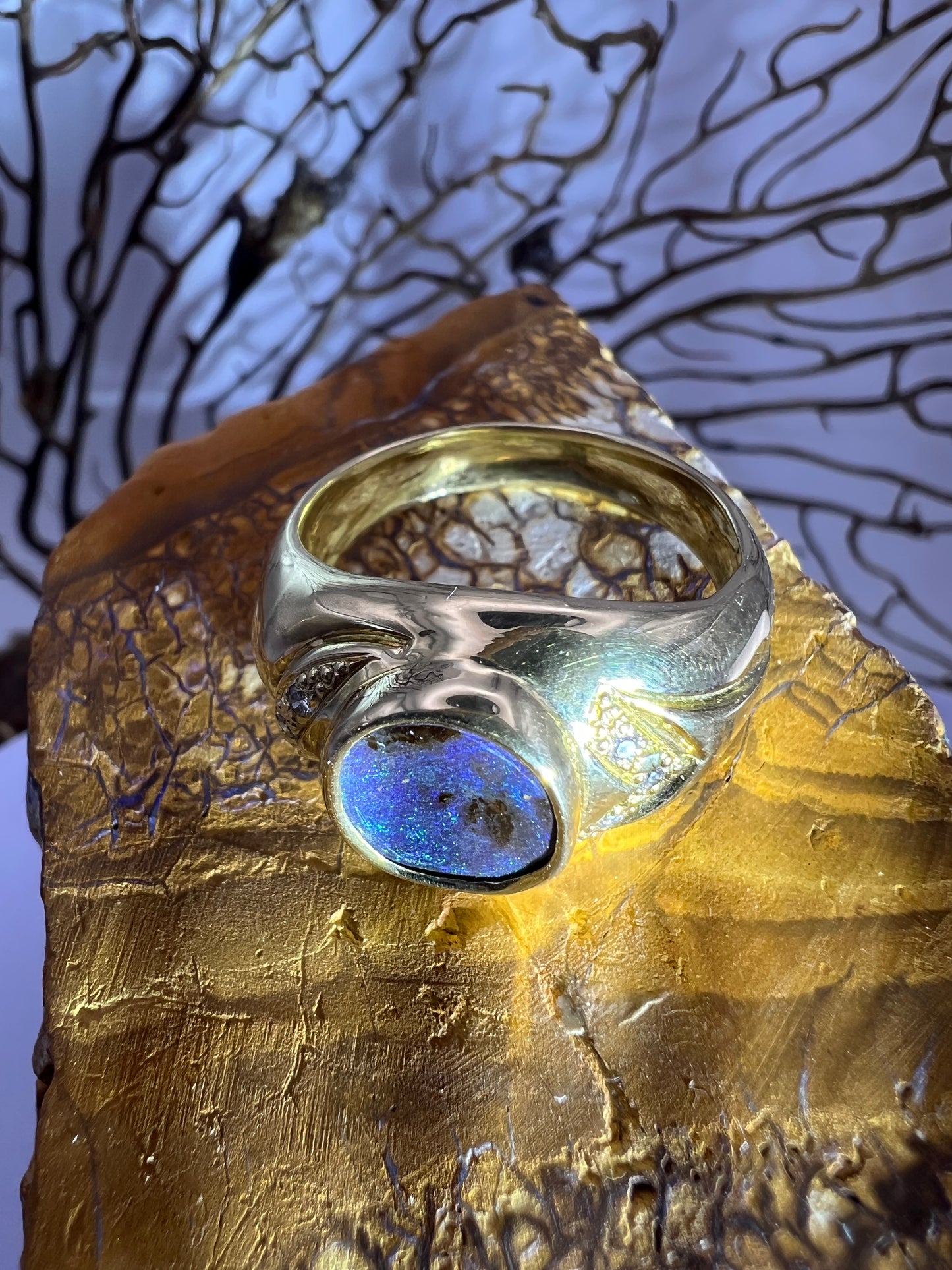Gold Ring Green Blue Boulder Opal And Diamonds