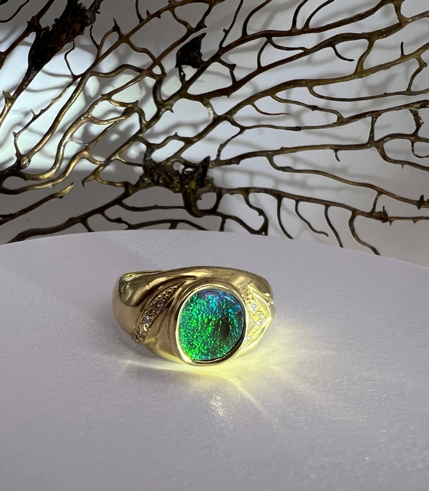 Gold Ring Green Blue Boulder Opal And Diamonds