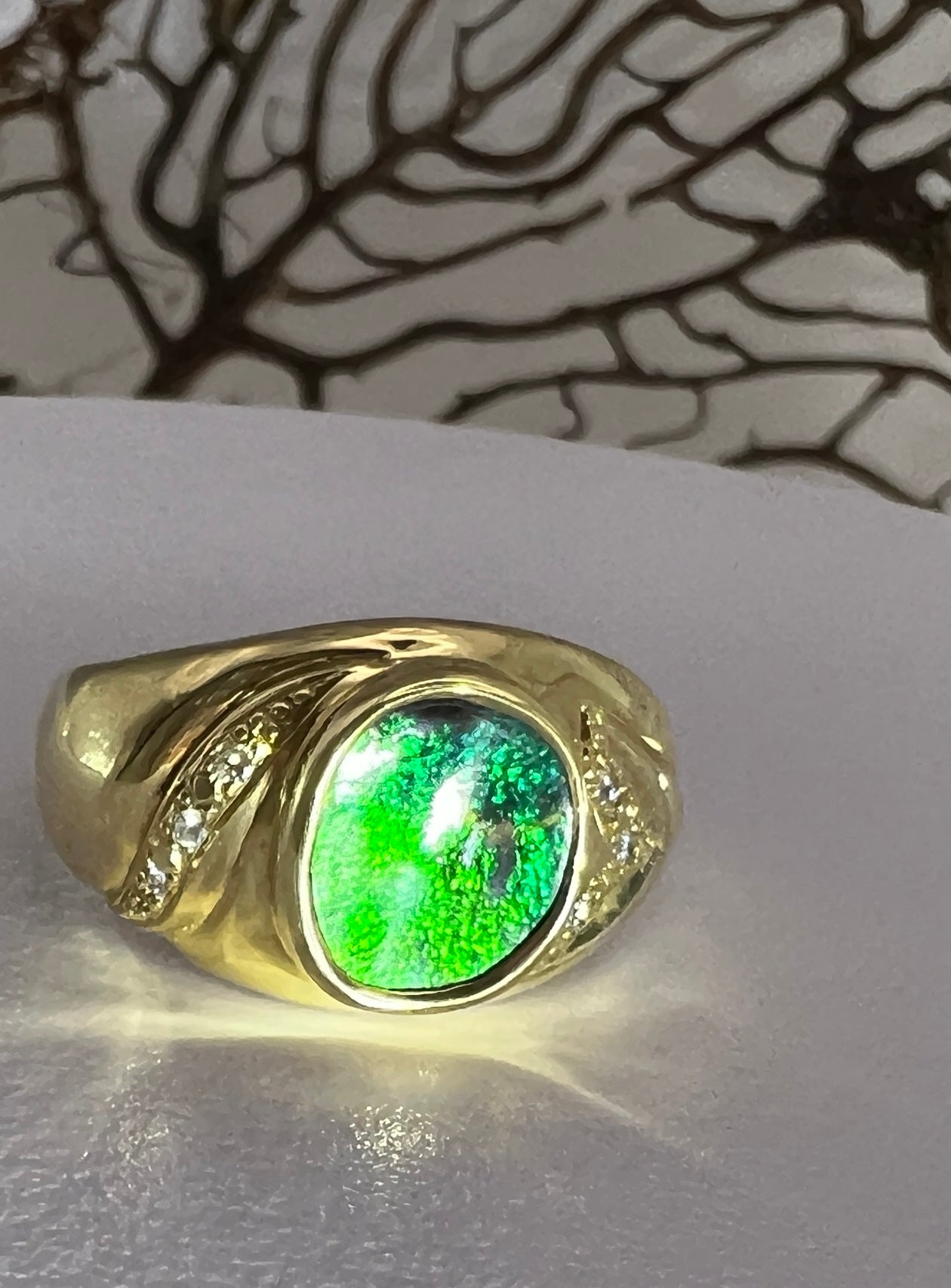 Gold Ring Green Blue Boulder Opal And Diamonds