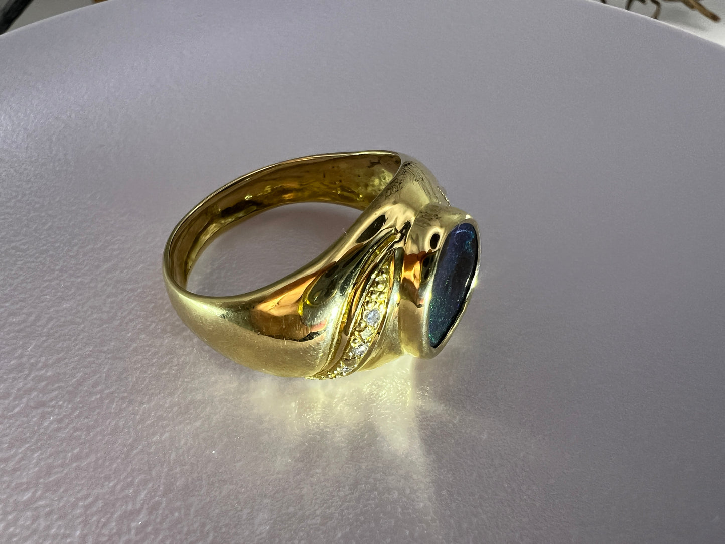 Gold Ring Green Blue Boulder Opal And Diamonds
